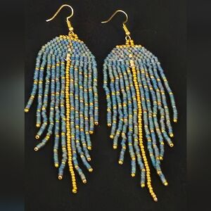 elegant women's earrings made of Czech green and gold beads, handcrafted